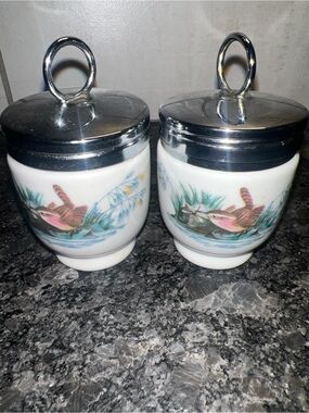 Vintage Porcelain Egg Coddlers with Bird Motif and Chrome Lids - Set of 2